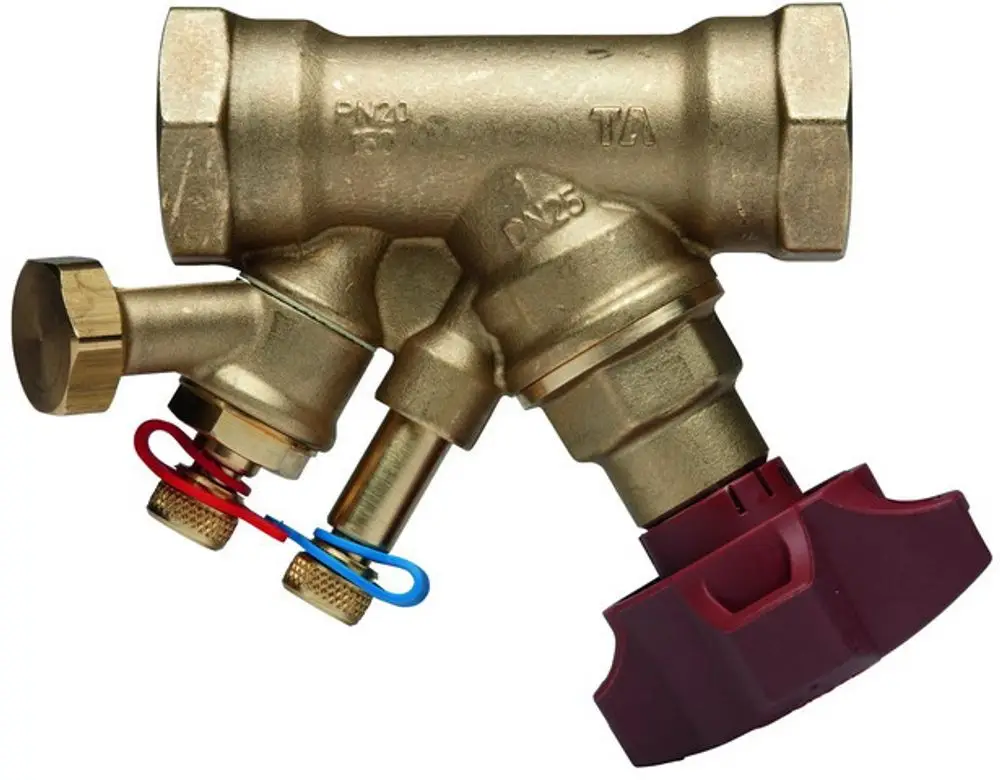Bronzenes Strangregulierventil von IMI Hydronic Engineering mit mehreren Anschlüssen und einem roten Drehknopf zur einfachen Einstellung. Zum direkten Einlöten geeignet.